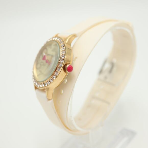 Betsey Johnson Gold Tone 30mm Watch Gem Bezel White Silicone Wrap w New Battery - Picture 7 of 9